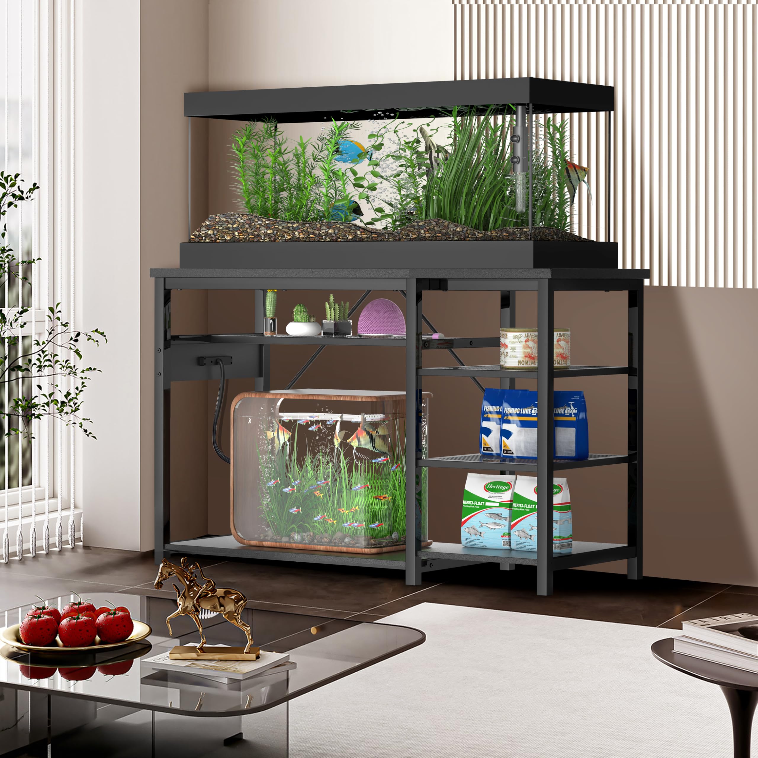 Keelian stand with built-in power outlets simplifies cord management for lights and heaters.