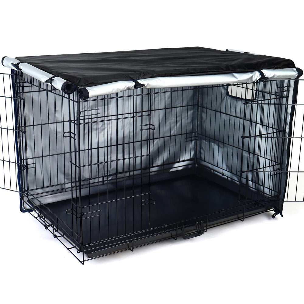 Kefit dog crate cover 36 inch front view creates a dark, calm space for your dog.
