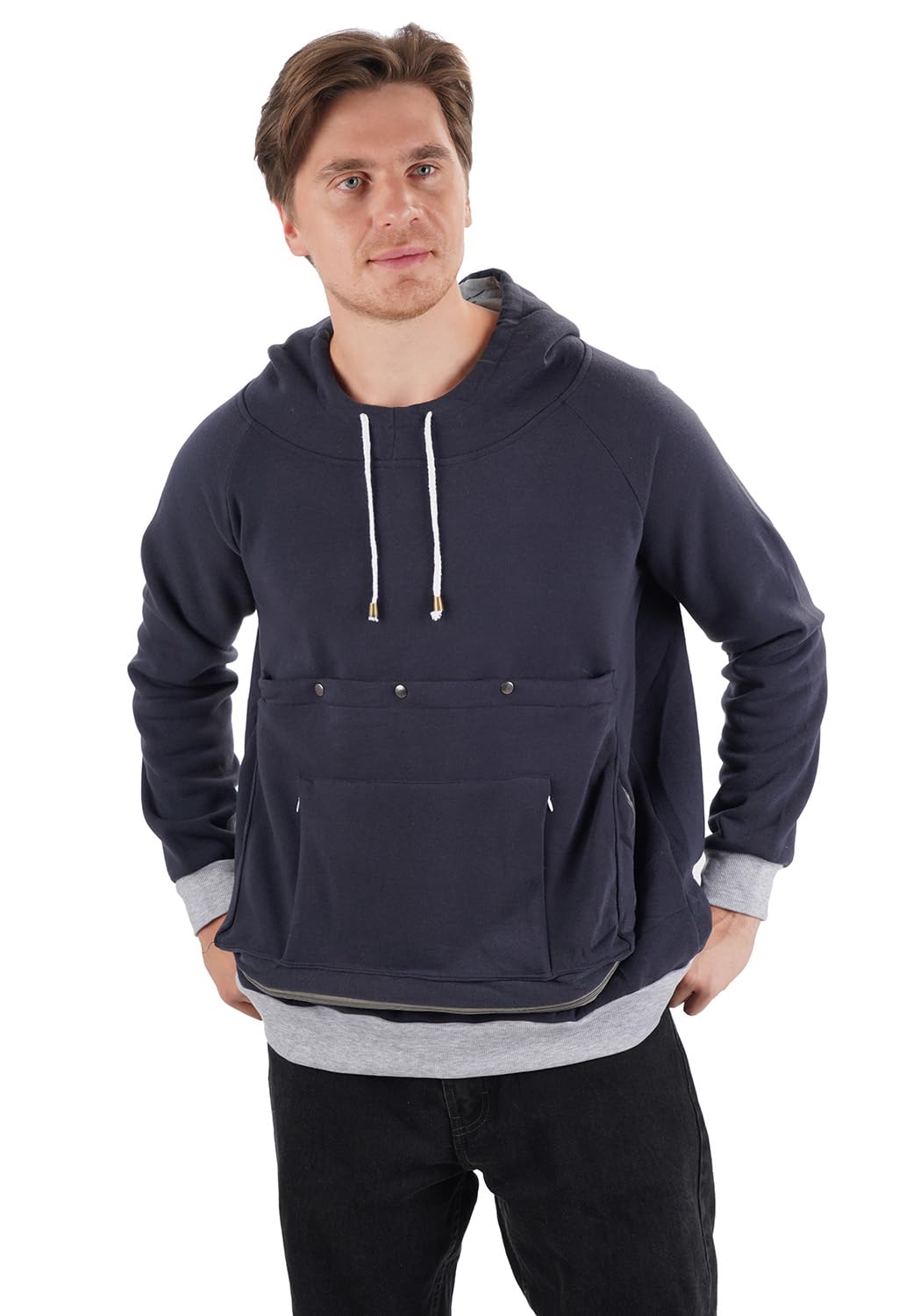 Kei Tomlison navy pouch hoodie front view for hands-free pet carrying during walks