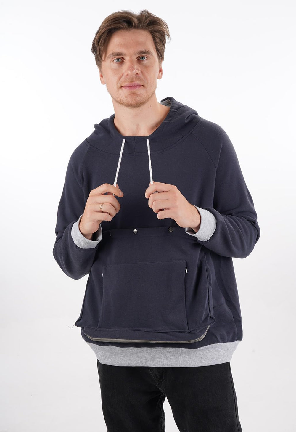 Kei Tomlison navy pouch hoodie worn during a walk for secure pet companionship