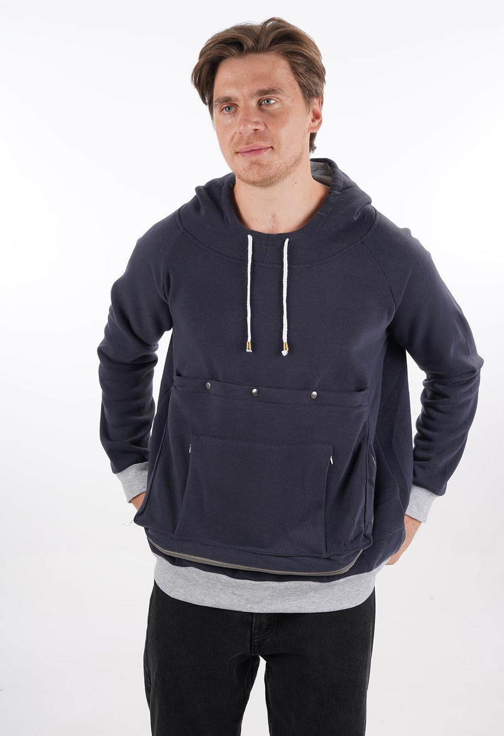 Kei Tomlison navy pouch hoodie fleece texture emphasizes soft warm fabric