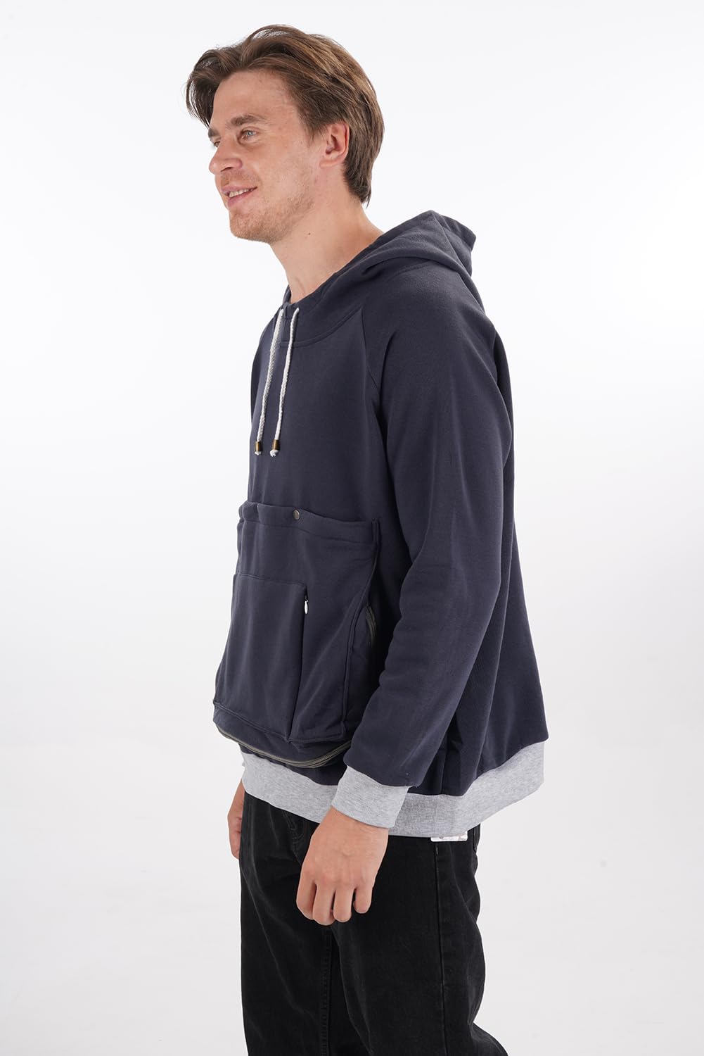 Kei Tomlison navy pouch hoodie pouch-open showing easy access for pets