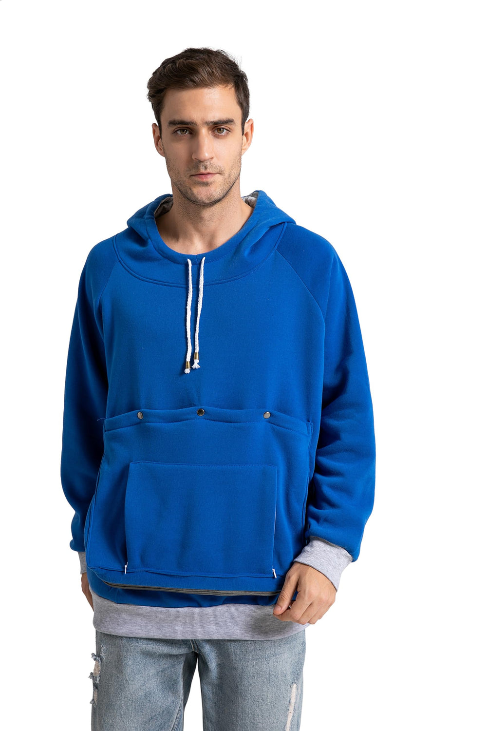 Kei Tomlison pouch hoodie front view shows hands-free pet carrier design