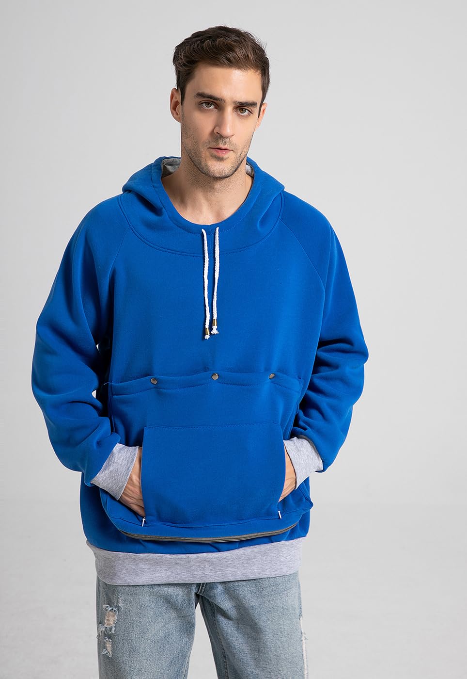 Kei Tomlison pouch hoodie outdoor walk demonstrates secure small-pet transport