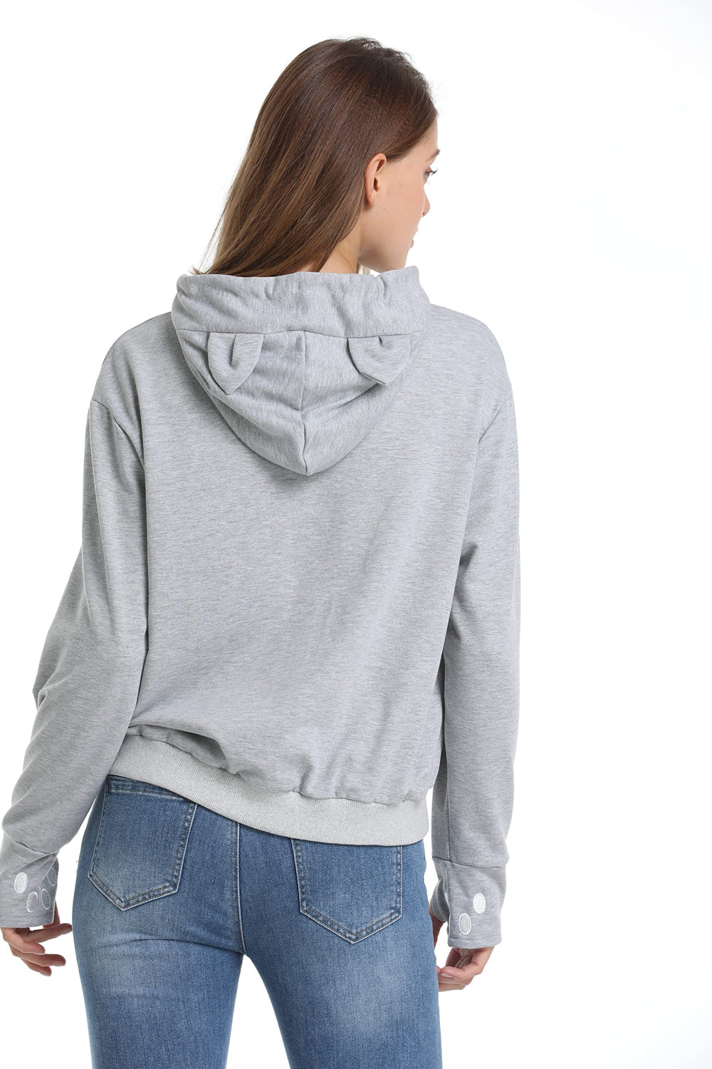 model wearing kei tomlison hoodie demonstrates hands-free pet carrying.