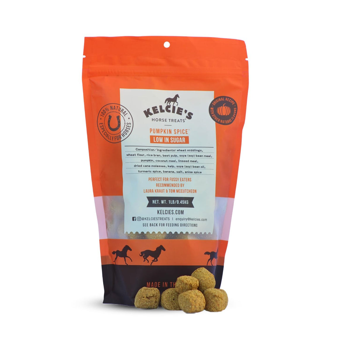 Kelcies Pumpkin Spice horse treats packaging front highlights a low-sugar snack