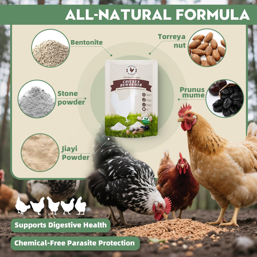 KELPFU dewormer powder being poured into feed for easy daily use.