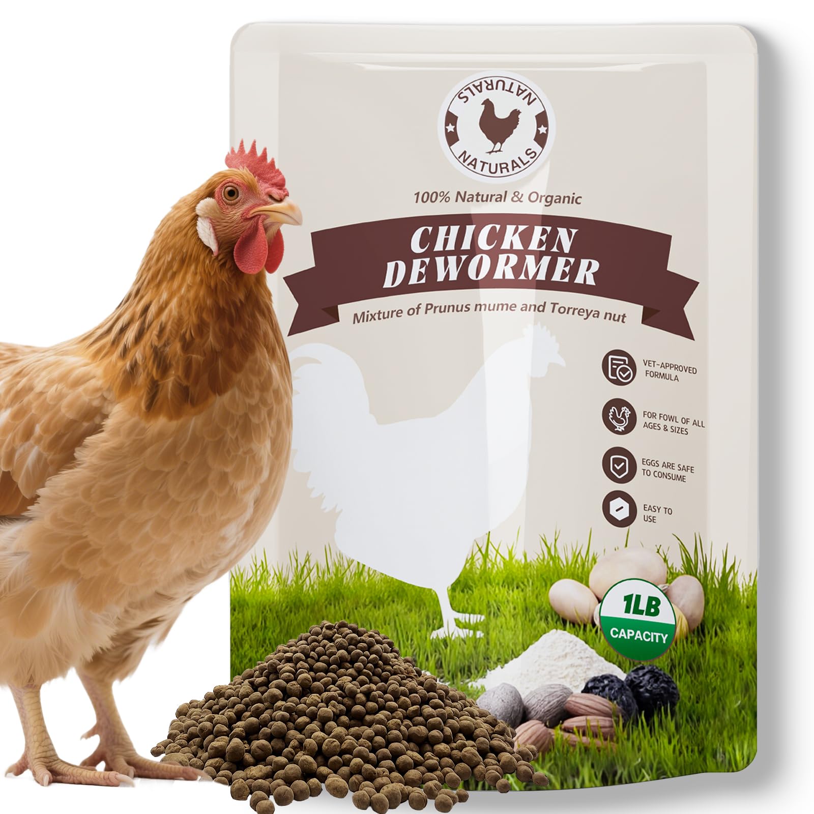 KELPFU chicken dewormer powder packaging on the counter supports easy poultry gut health.
