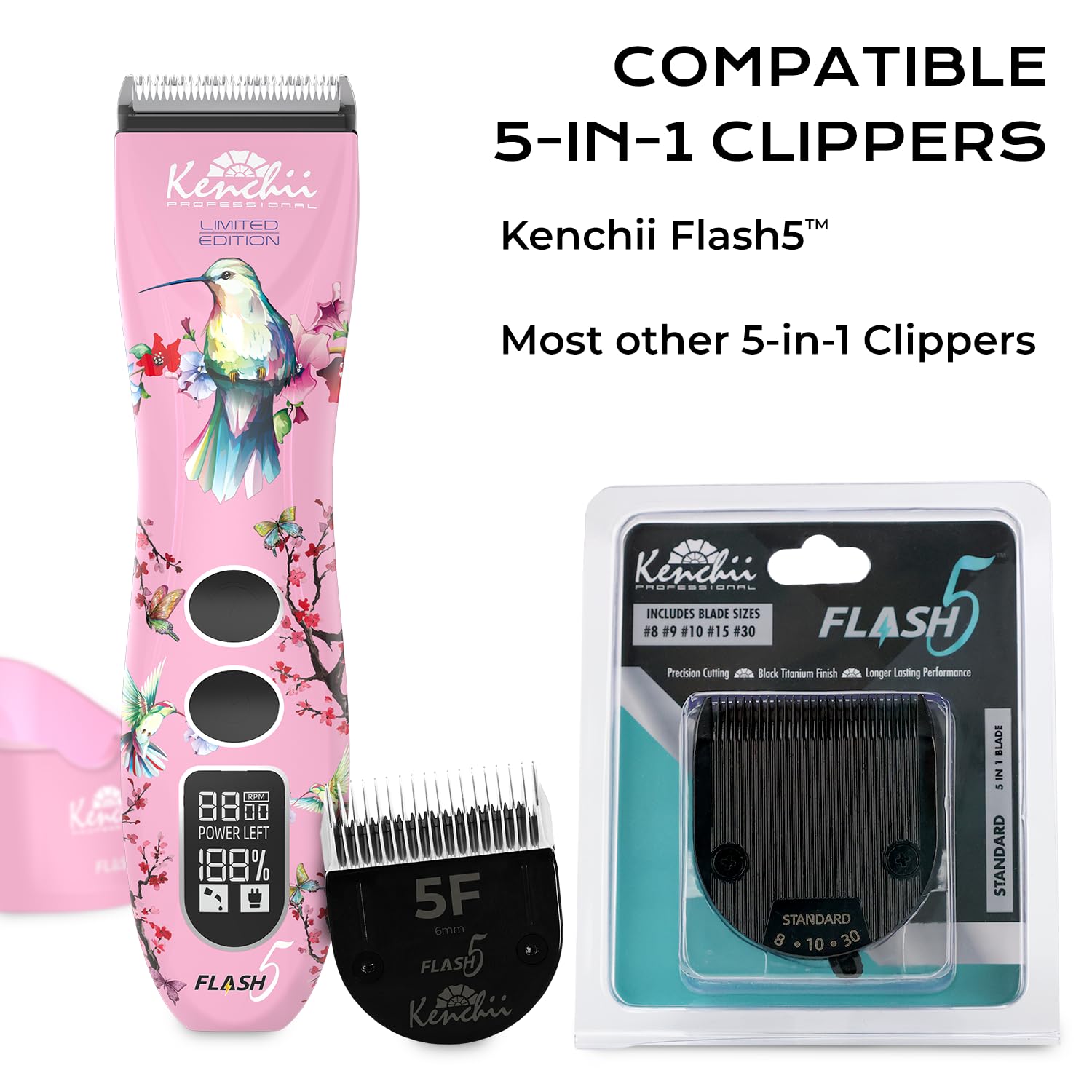 Kenchii Flash 5 detachable blades enabling quick tool changes during grooming.