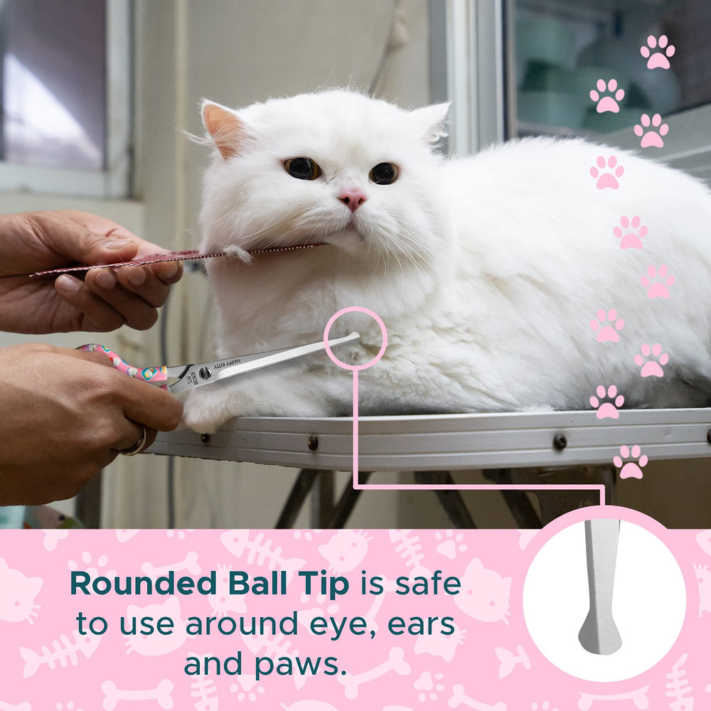 Kenchii Happy Kitty ball tip scissors safety tip closeup for controlled grooming