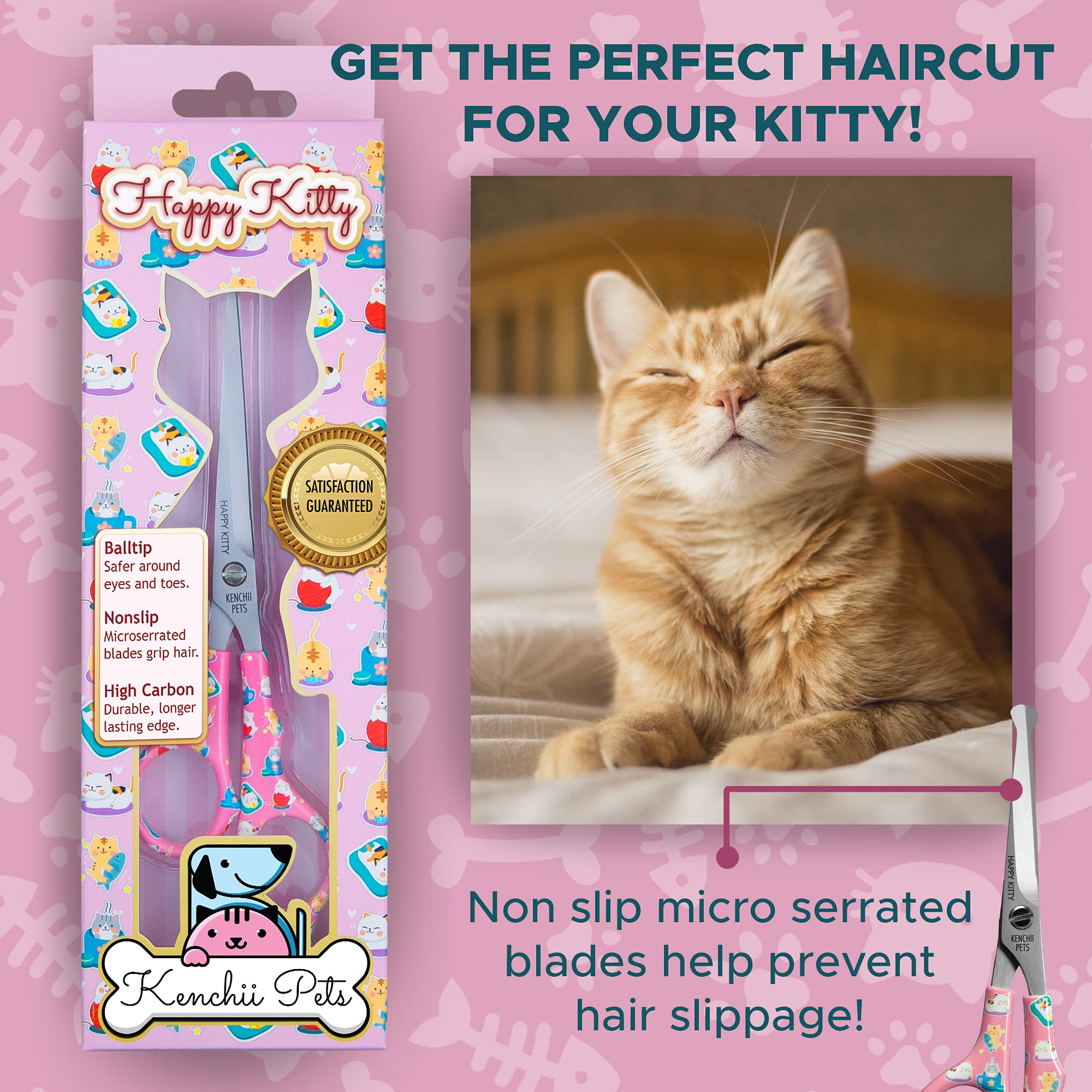 Kenchii Happy Kitty ball-tip shears comfortable grip handle for steady cuts