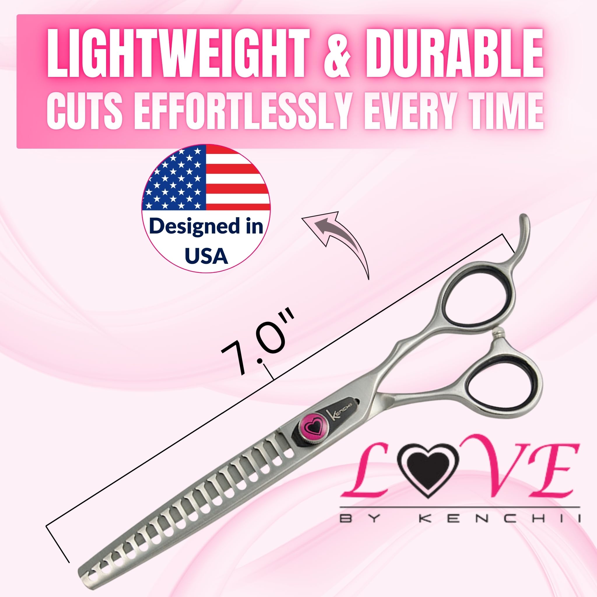 Kenchii Love dog grooming scissors 17-tooth thinning detail enables even, controlled thinning for natural blends.