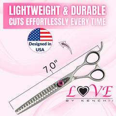 Kenchii Love dog grooming scissors 17-tooth thinning detail enables even, controlled thinning for natural blends.