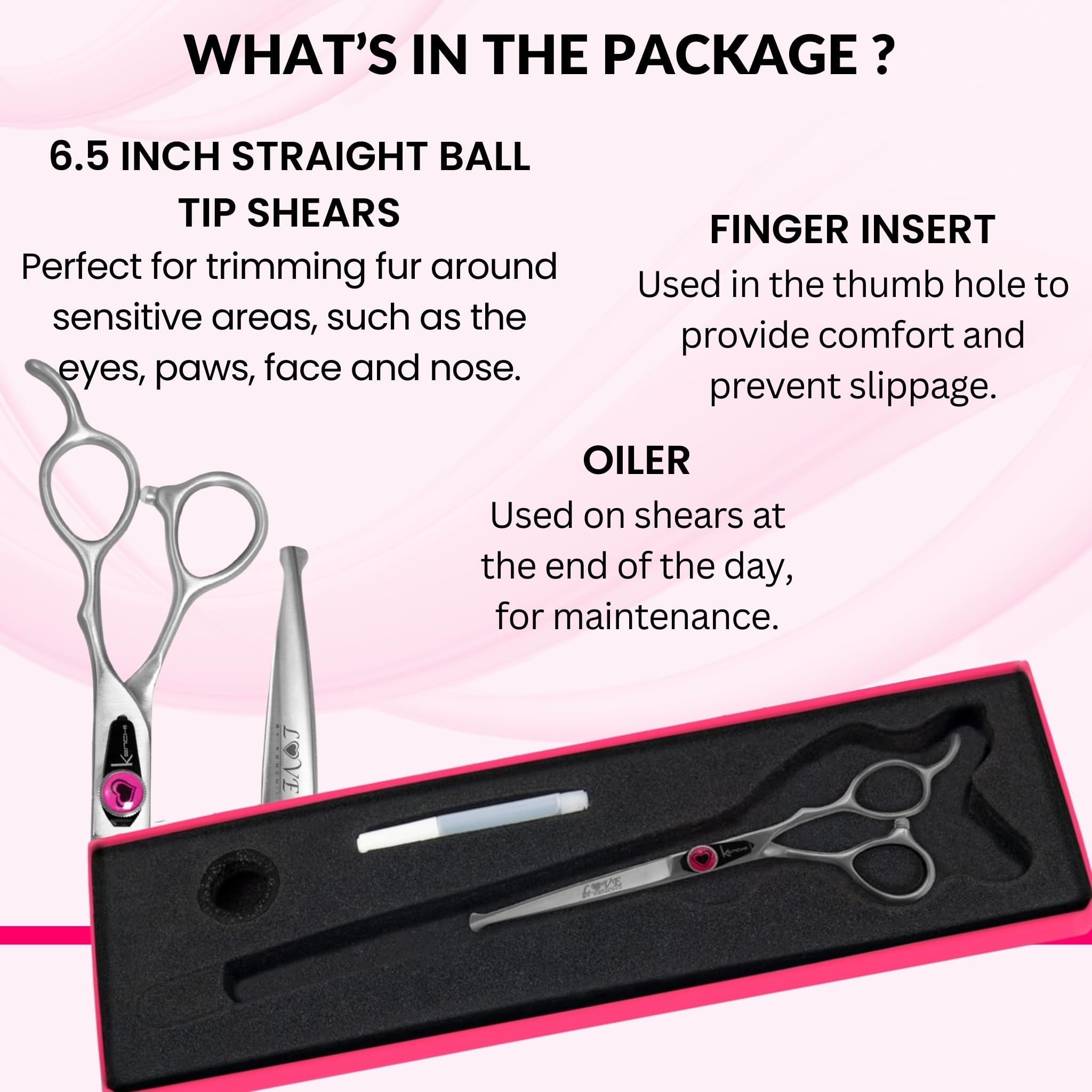 Kenchii Love dog grooming scissors balltip safety feature enables gentle trimming near delicate areas.