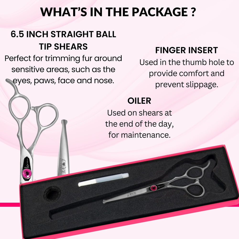 Kenchii Love dog grooming scissors balltip safety feature enables gentle trimming near delicate areas.