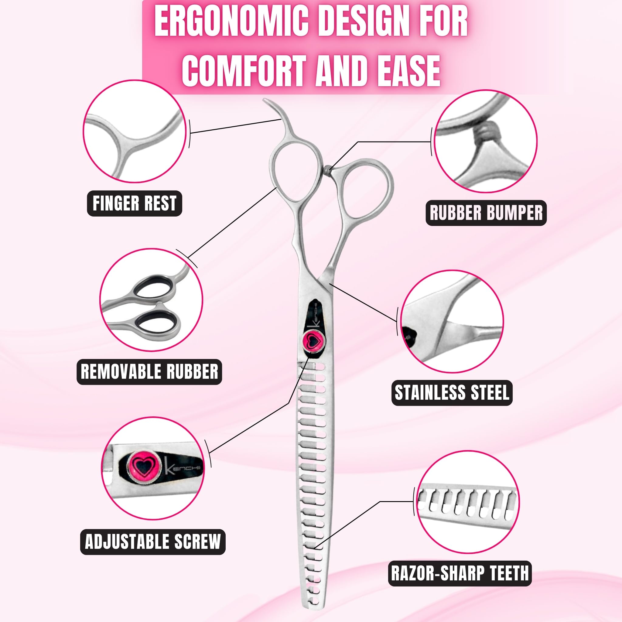 Kenchii Love Dog Grooming Scissors ergonomic handles reduce wrist strain