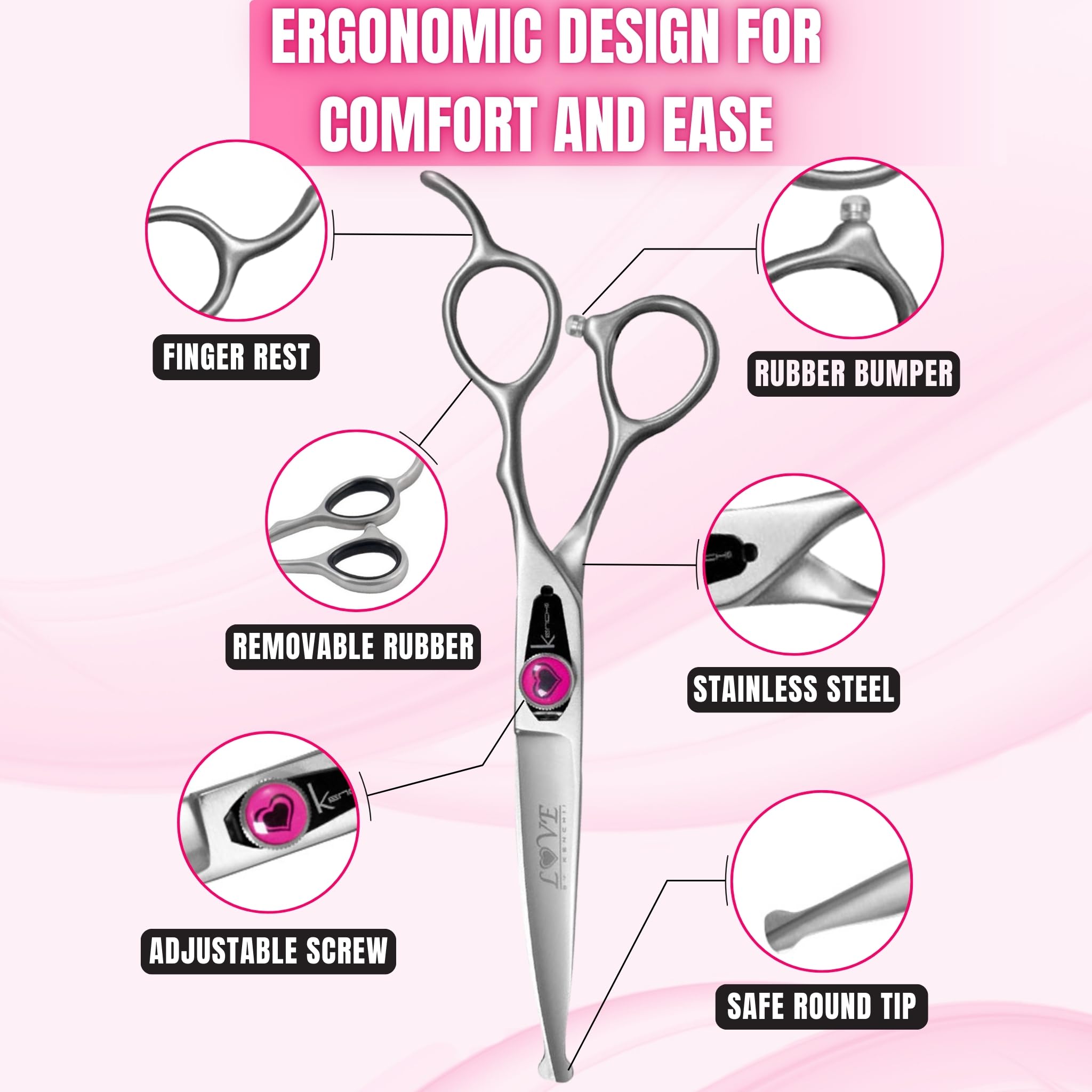 Kenchii Love Dog Grooming Scissors ergonomic handles—reduces wrist fatigue.