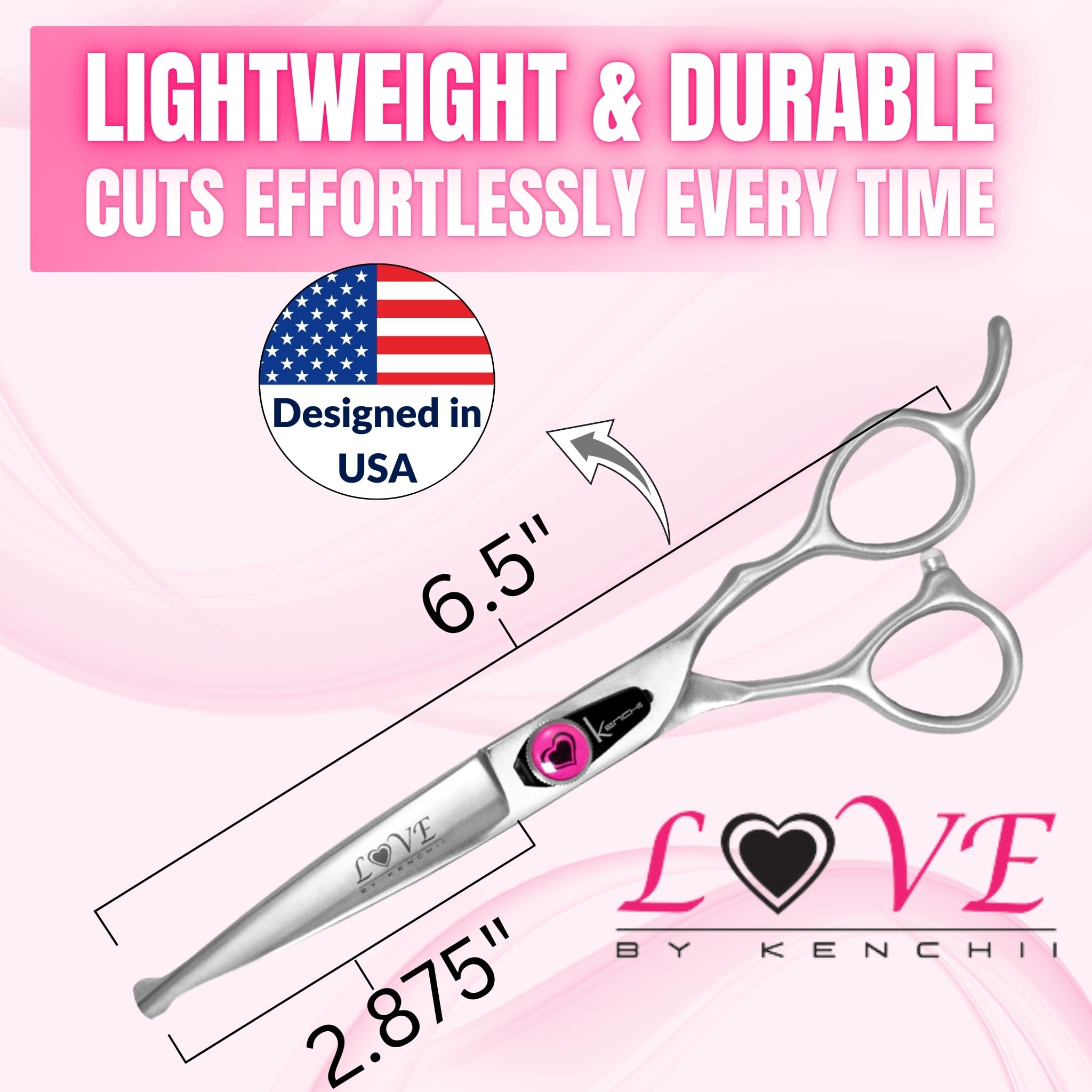 Kenchii Love dog grooming scissors ergonomic offset handles reduce wrist strain during grooming.