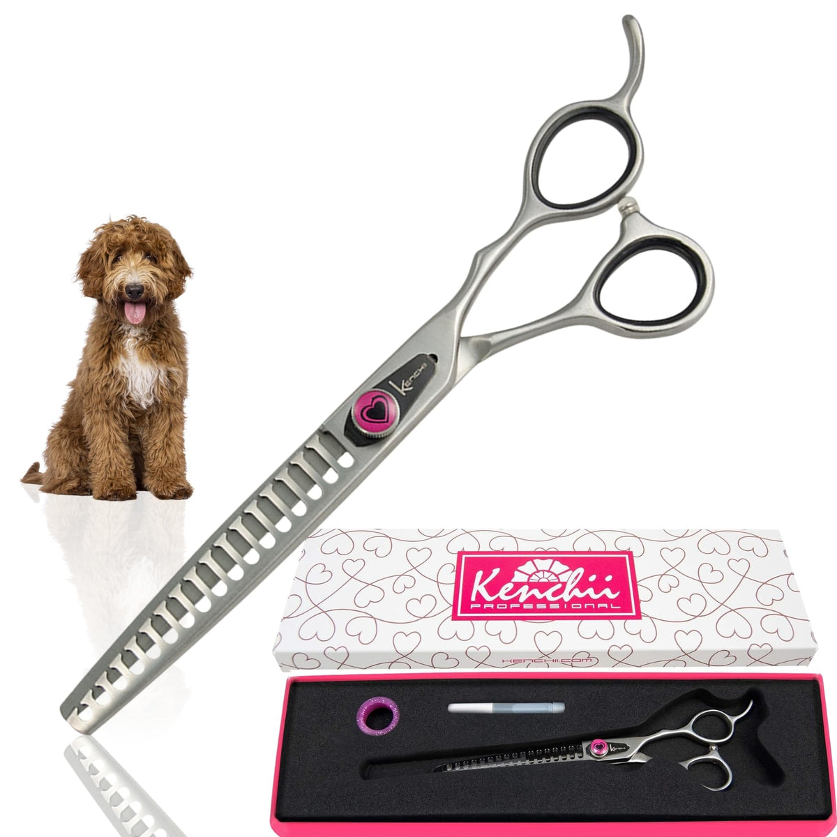 Kenchii Love dog grooming scissors full-view shows professional build for precise trimming and long-lasting sharpness.