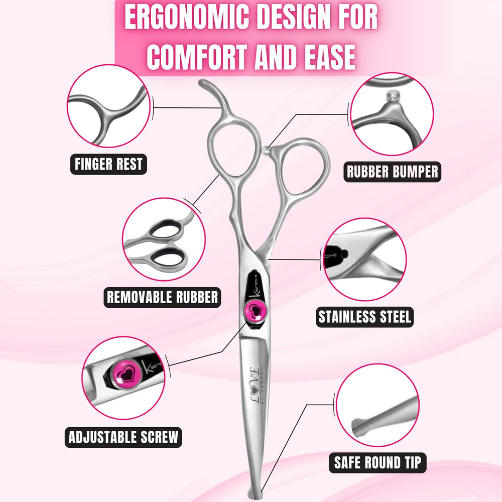 Kenchii Love dog grooming scissors Japanese alloy steel ensures durable sharpness across coats.