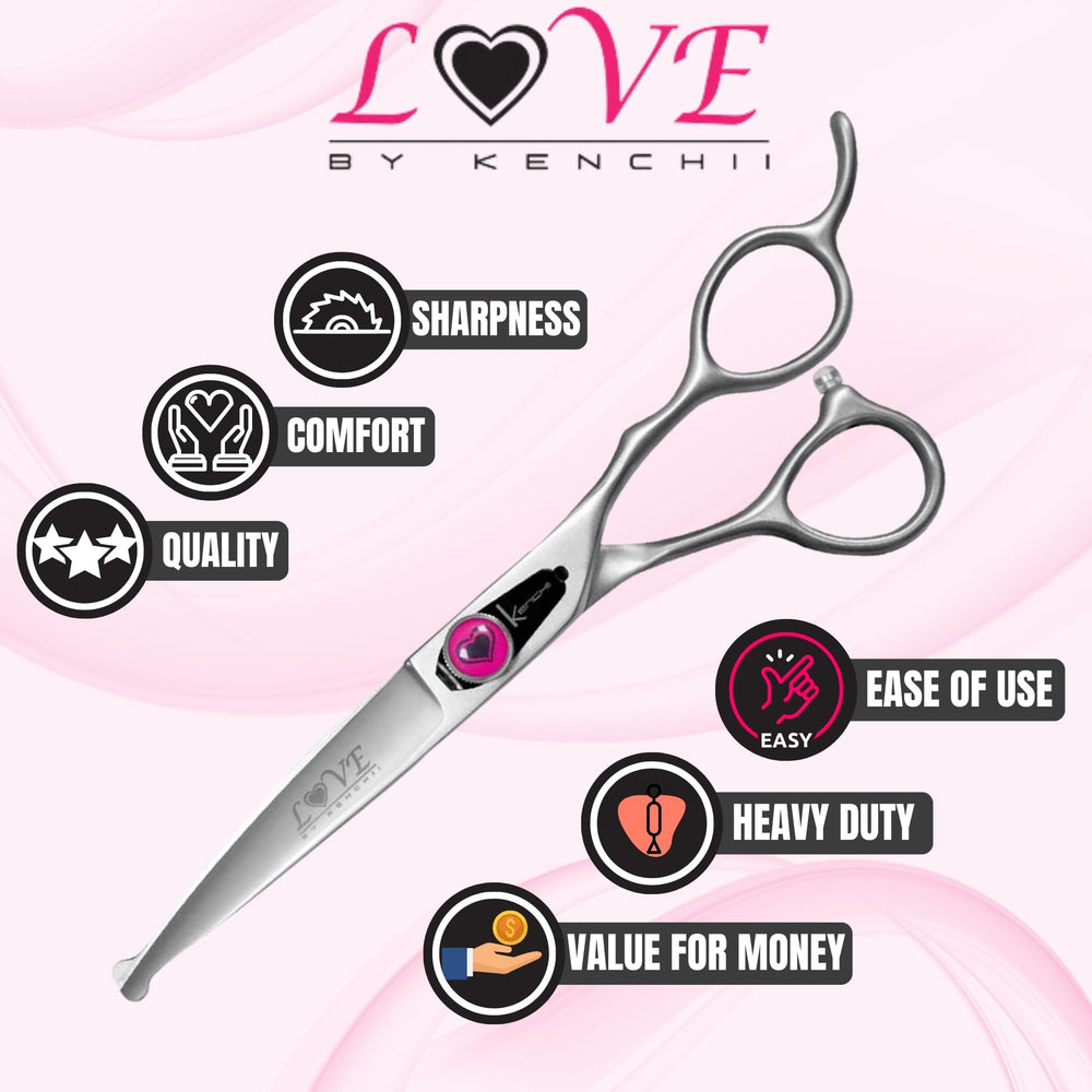 Kenchii Love Dog Grooming Scissors satin finish—rust-resistant professional look.