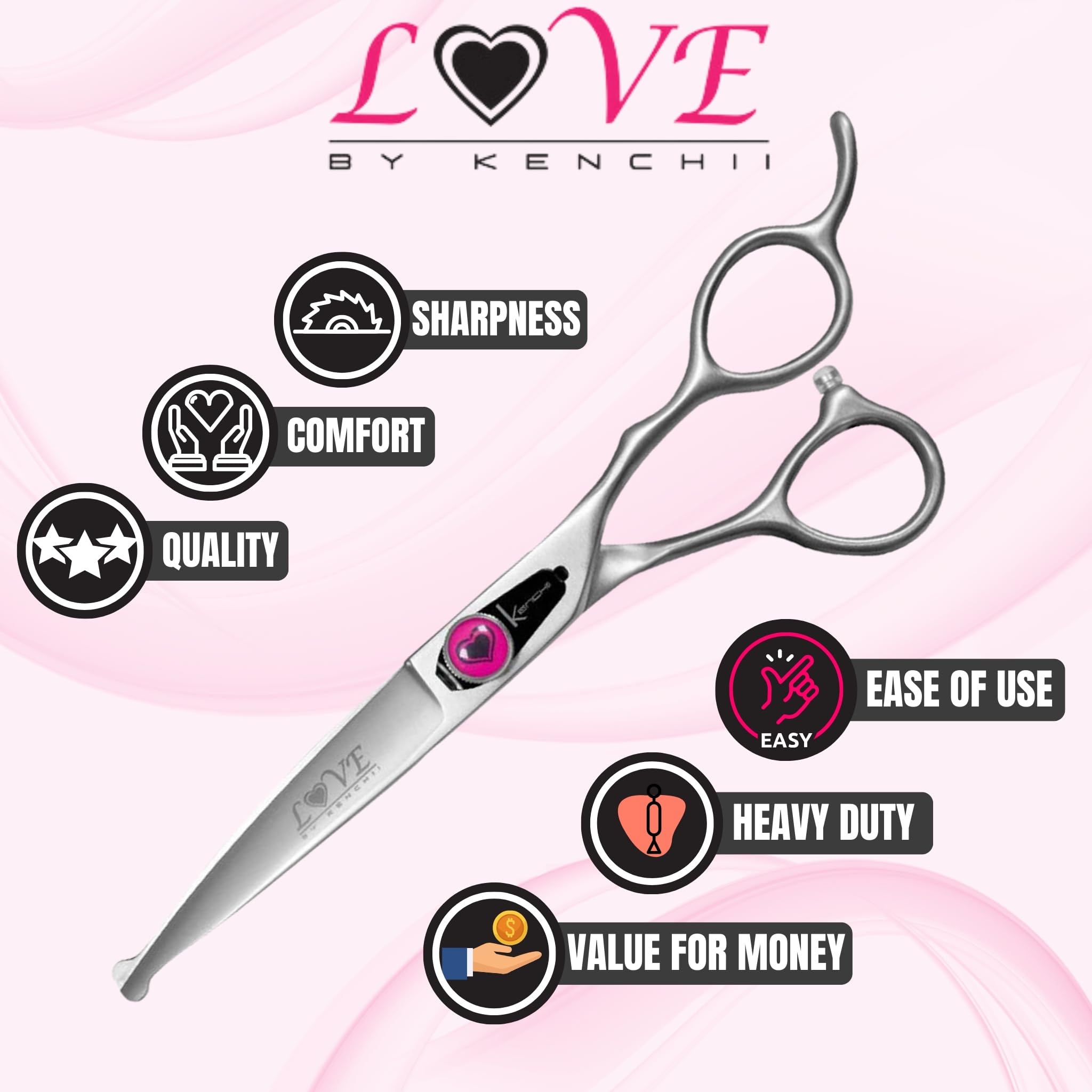 Kenchii Love dog grooming scissors satin finish resists rust for a polished professional look.