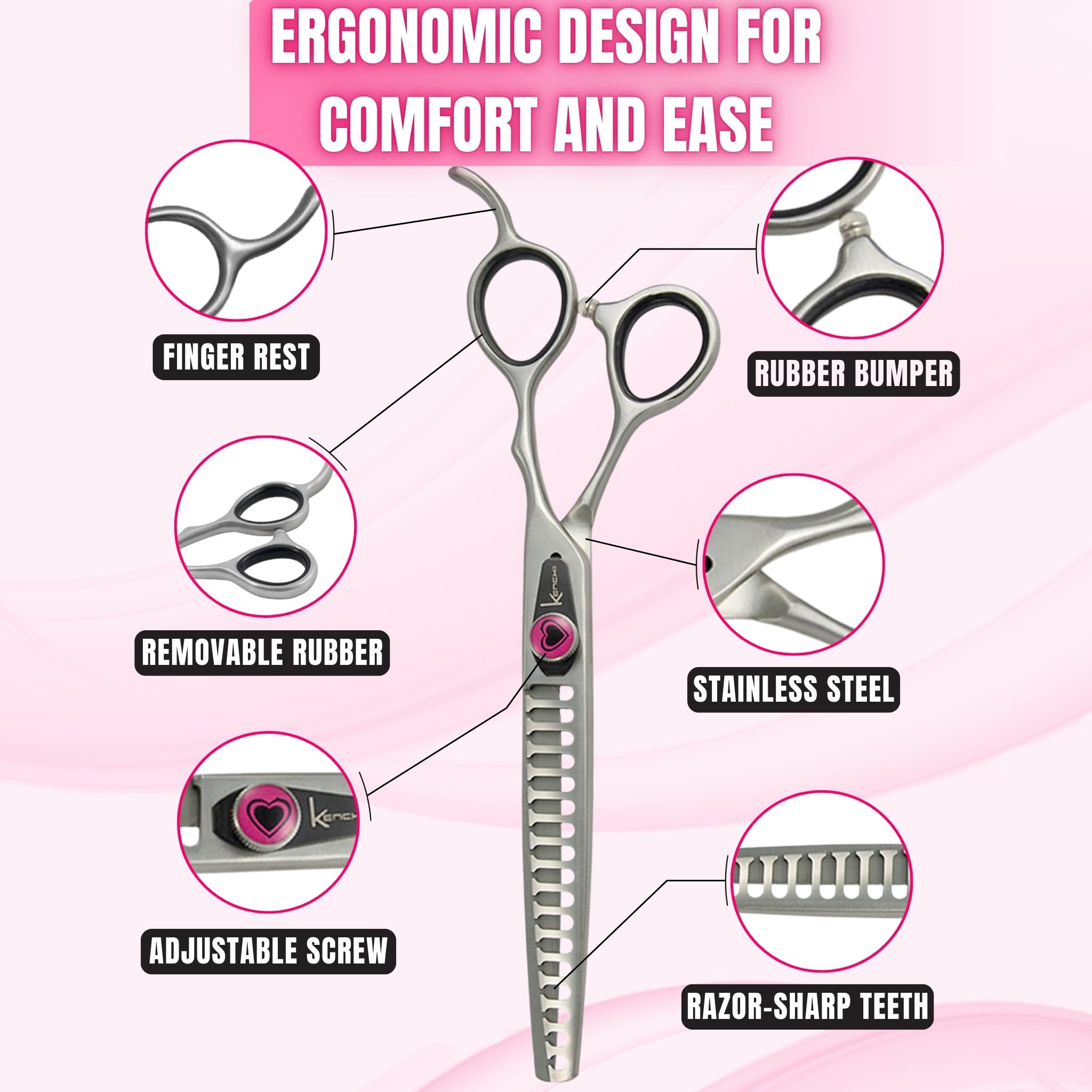 Kenchii Love ergonomic handle closeup highlights comfortable grip for extended grooming sessions.