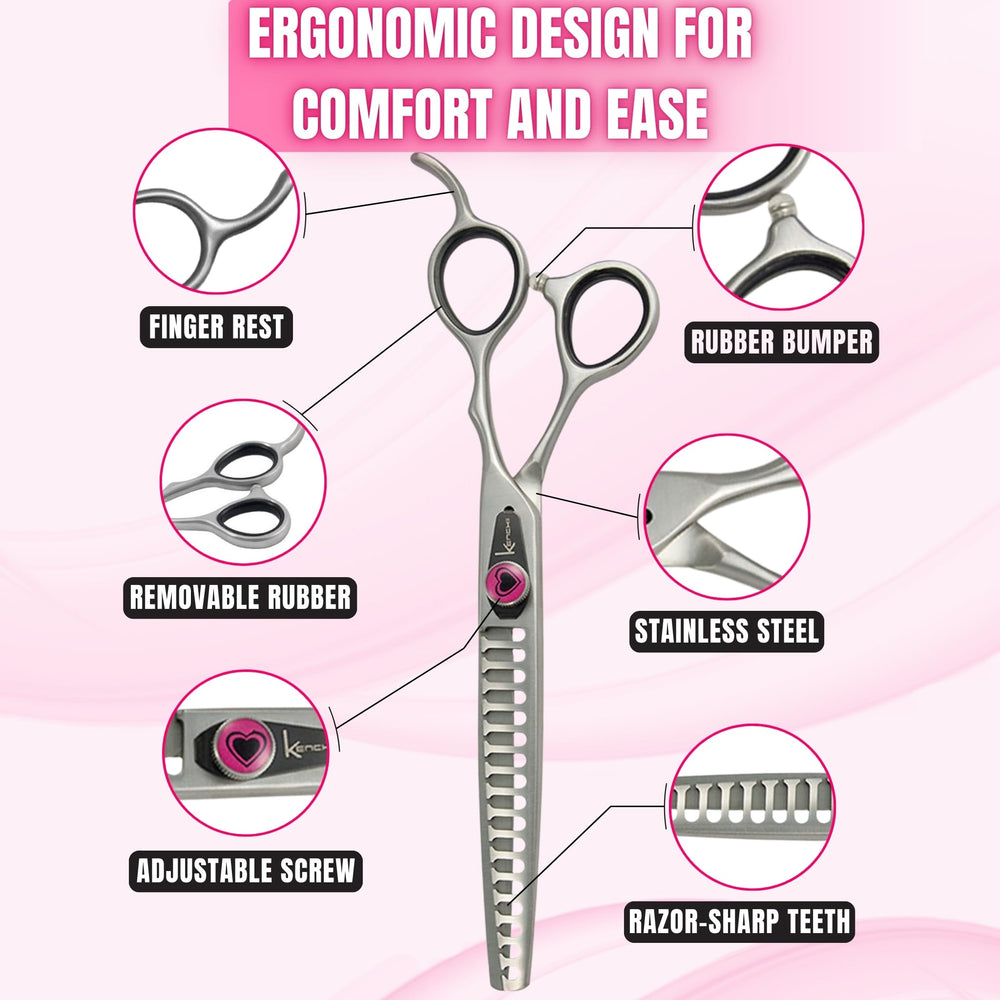 Kenchii Love ergonomic handle closeup highlights comfortable grip for extended grooming sessions.