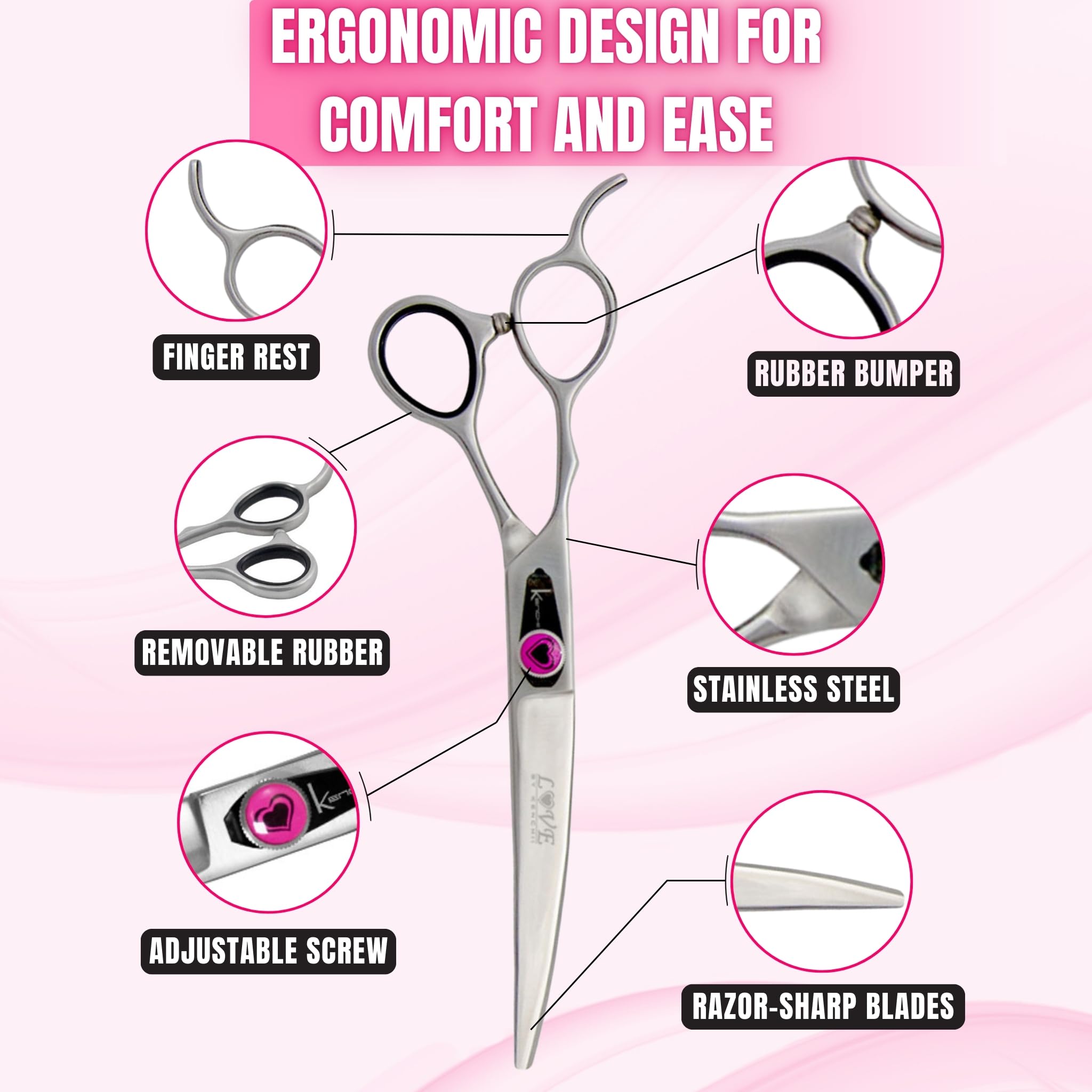 Kenchii Love left-handed dog grooming scissors micro-serrated edge grips hair for clean cuts