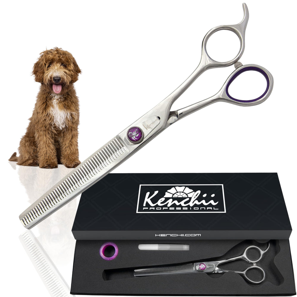 Kenchii Scorpion 46-tooth thinning scissors closeup for smooth coat thinning and precision.