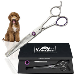 Kenchii Scorpion 46-tooth thinning scissors closeup for smooth coat thinning and precision.