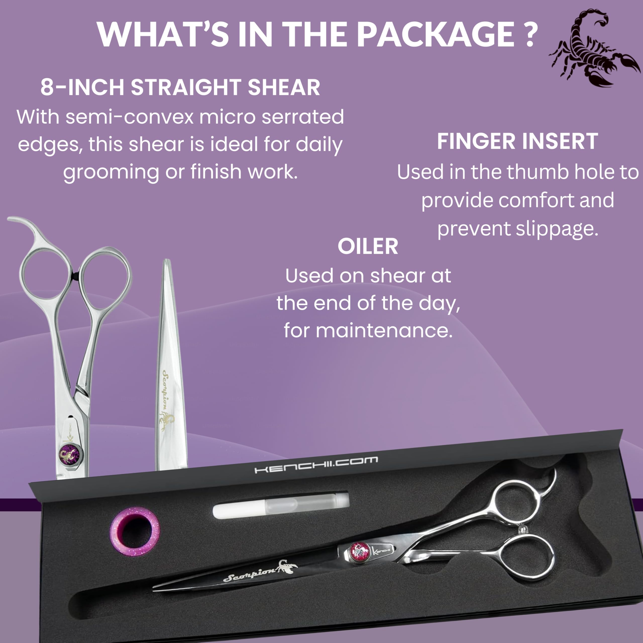 Kenchii Scorpion 8inch straight shear in use for efficient dog grooming.