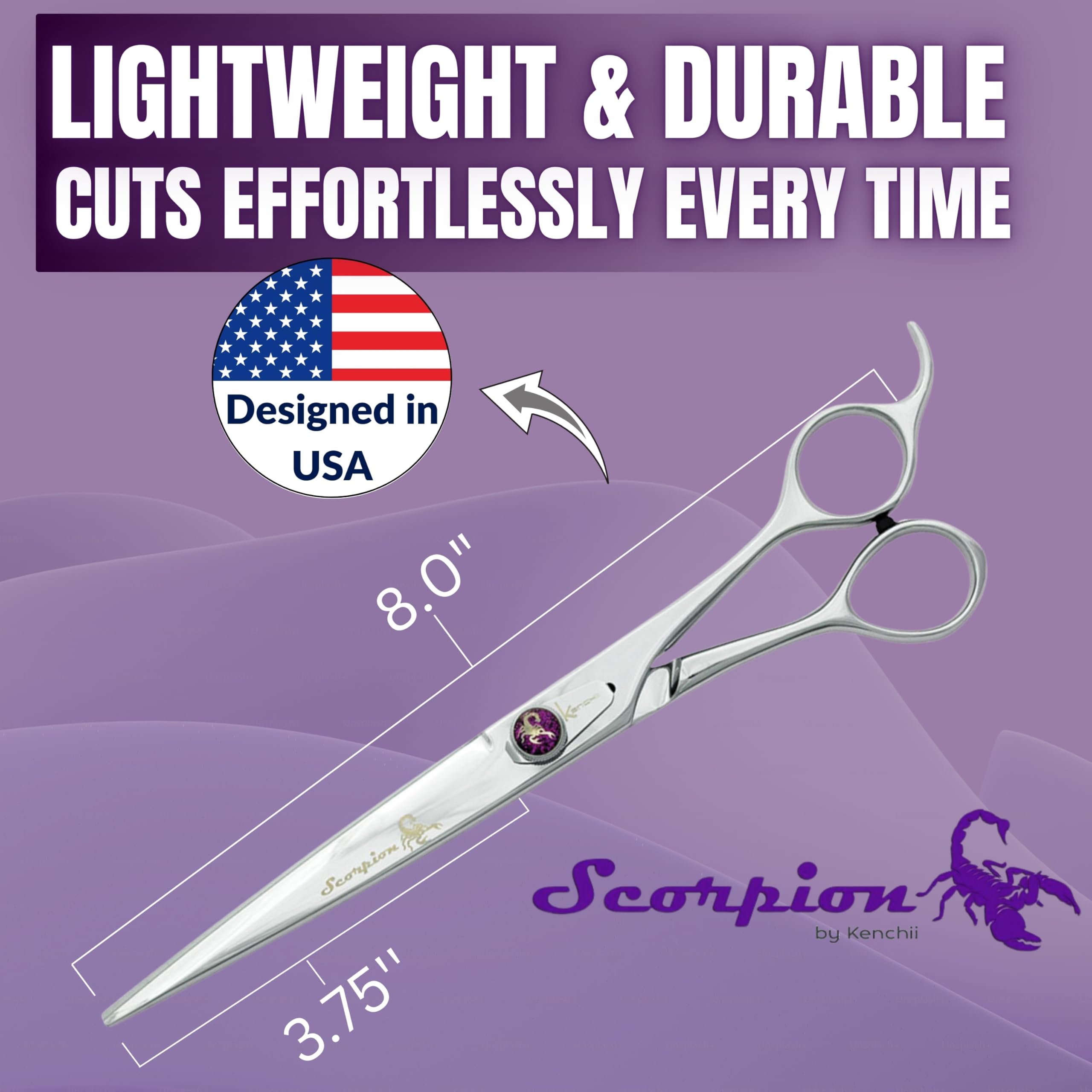 Kenchii Scorpion 8inch straight shear ergonomic handle for comfortable long grooming sessions.