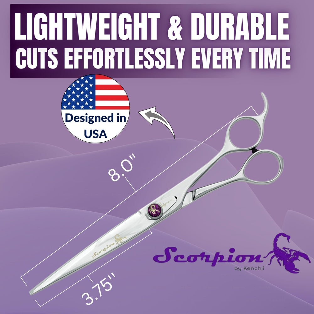 Kenchii Scorpion 8inch straight shear ergonomic handle for comfortable long grooming sessions.