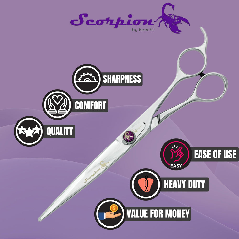 Kenchii Scorpion 8inch straight shear oil included for snag-free prep.