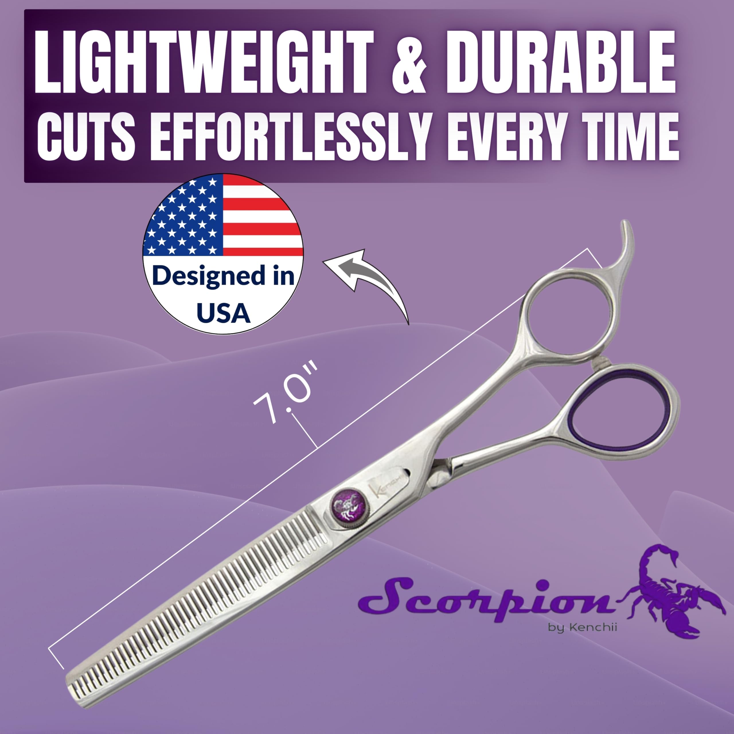 Kenchii Scorpion comfort-handle grooming scissors show ergonomic grip for longer sessions.