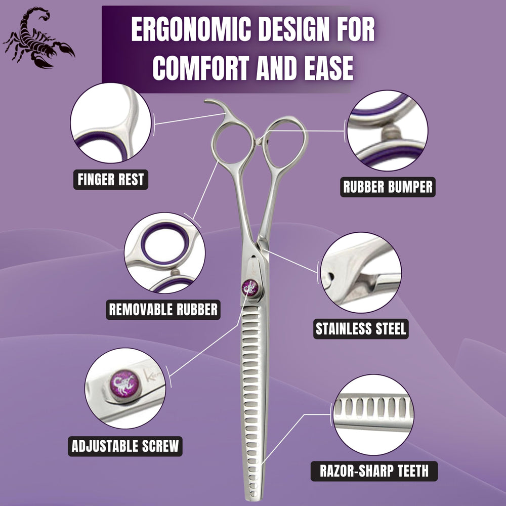 Kenchii Scorpion dog grooming scissors detailed cut for precise shaping around ears.