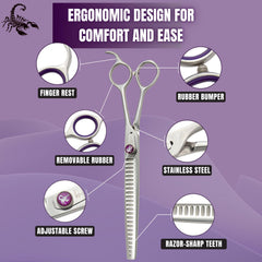Kenchii Scorpion dog grooming scissors detailed cut for precise shaping around ears.