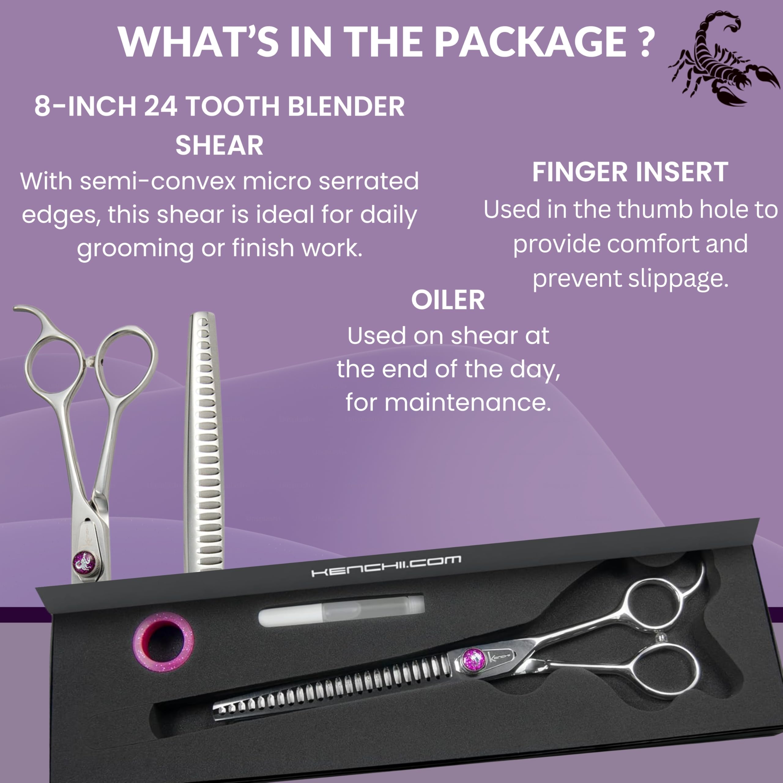 Kenchii Scorpion oil and finger insert included for blade care and grip.