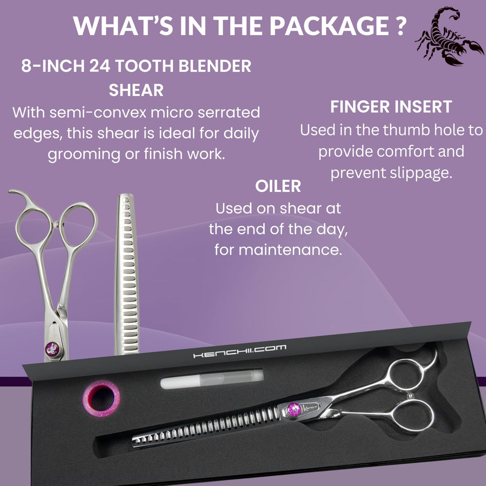 Kenchii Scorpion oil and finger insert included for blade care and grip.