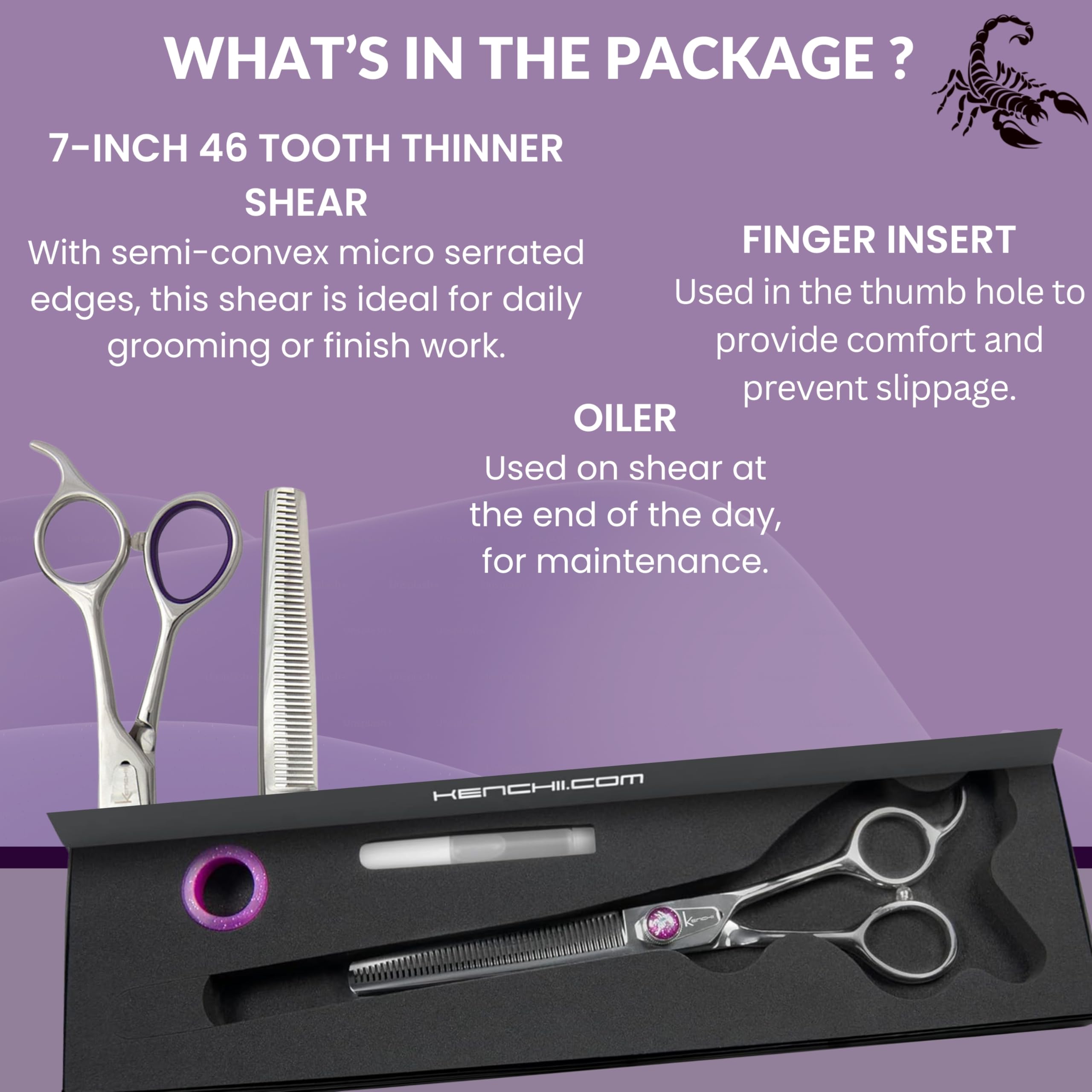 Kenchii Scorpion semi-convex micro serrated edge helps secure hair during thinning.