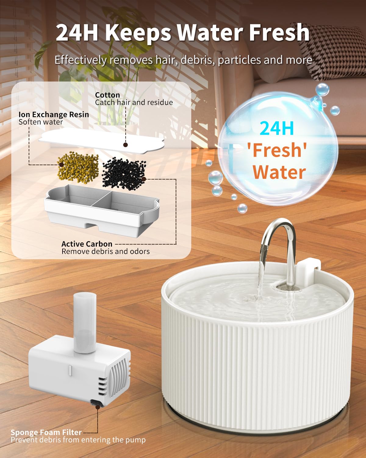 Kenepet ceramic cat water fountain back view—sleek, clean design enhances kitchen counter.