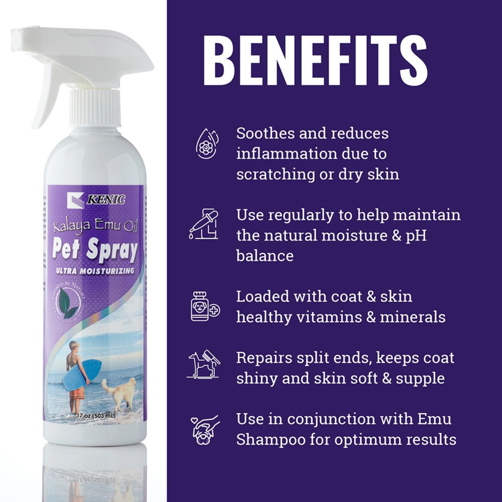 Kenic Emu Oil Spray application on paws—quick soothing during busy days