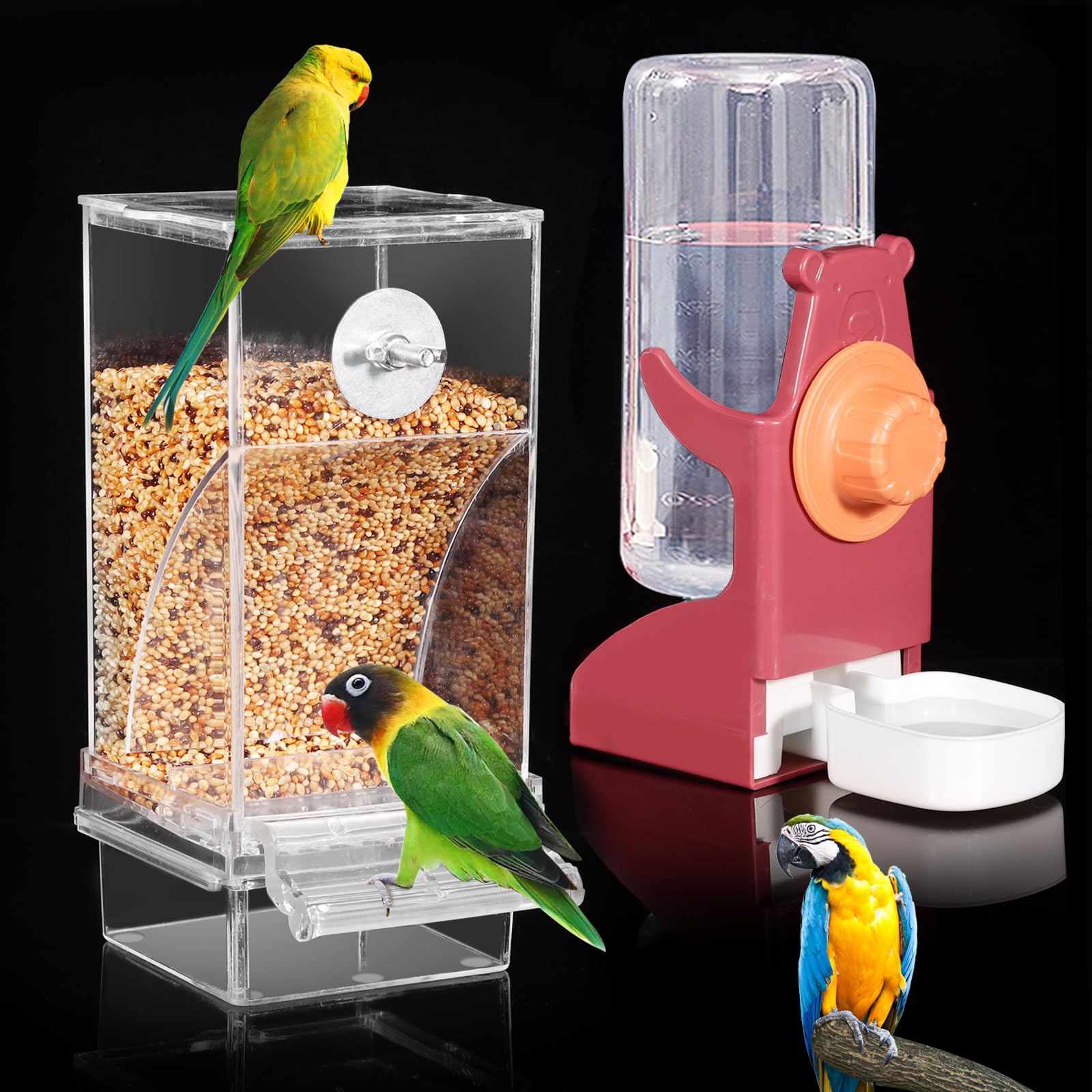 Kenond bird water dispenser red side view showing clear reservoir for easy monitoring