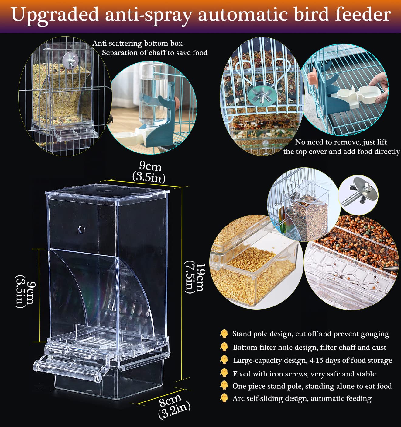 Kenond No Mess Bird Feeder shows 500g seed capacity for longer intervals