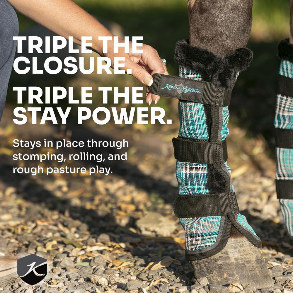 Kensington Horse Fly Boots on leg demonstrating secure stay and insect protection.