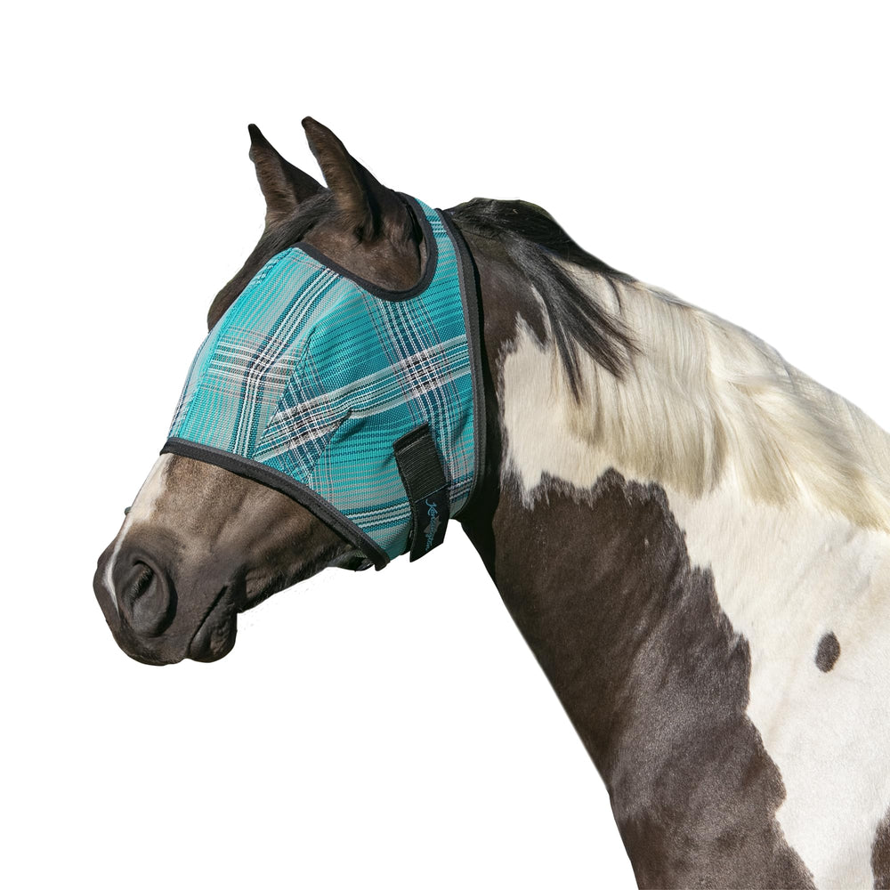 Kensington Fly Mask Atlantis front view demonstrates bite protection and clear visibility.