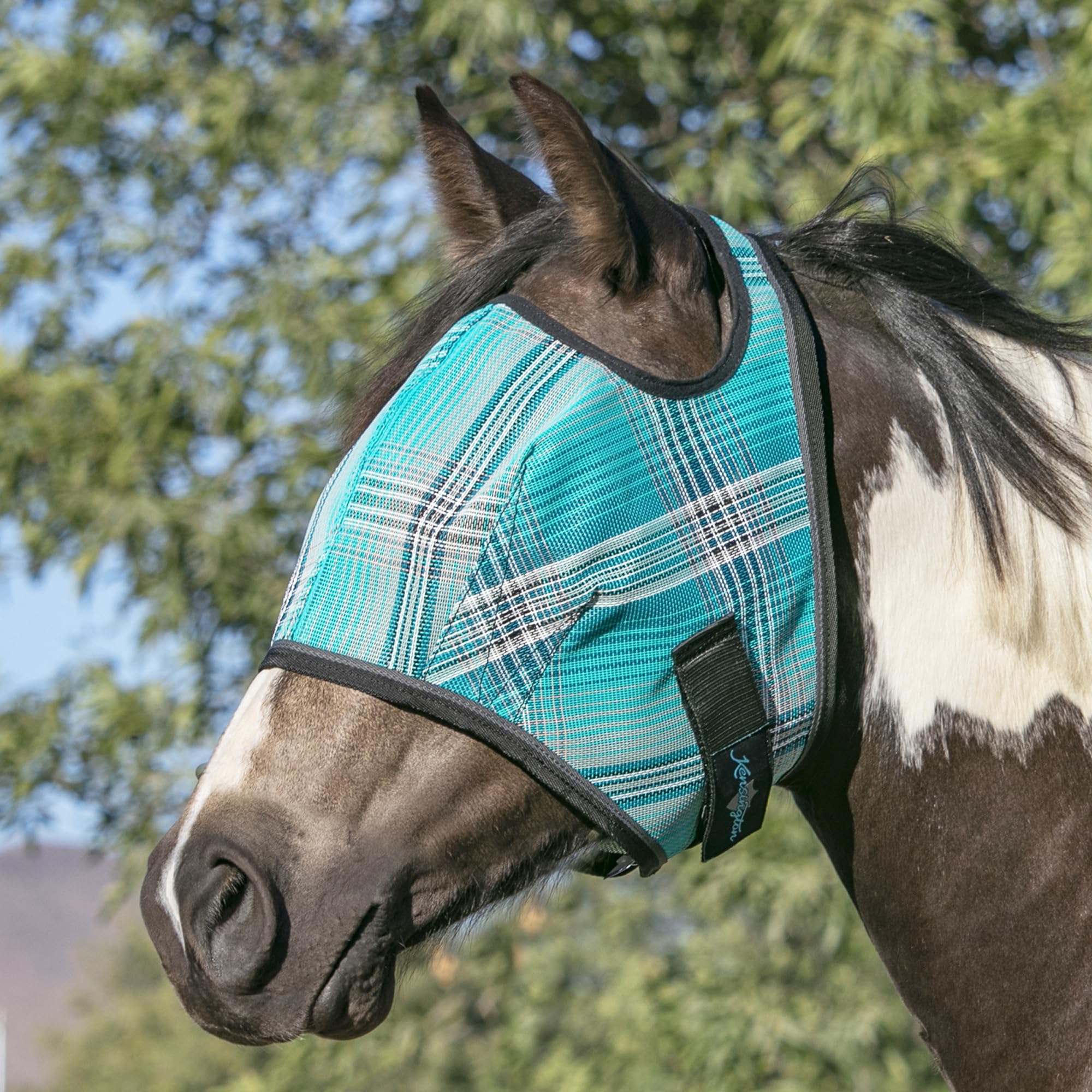 Kensington Fly Mask Atlantis in-use close-up shows breathable webbing and secure fit.