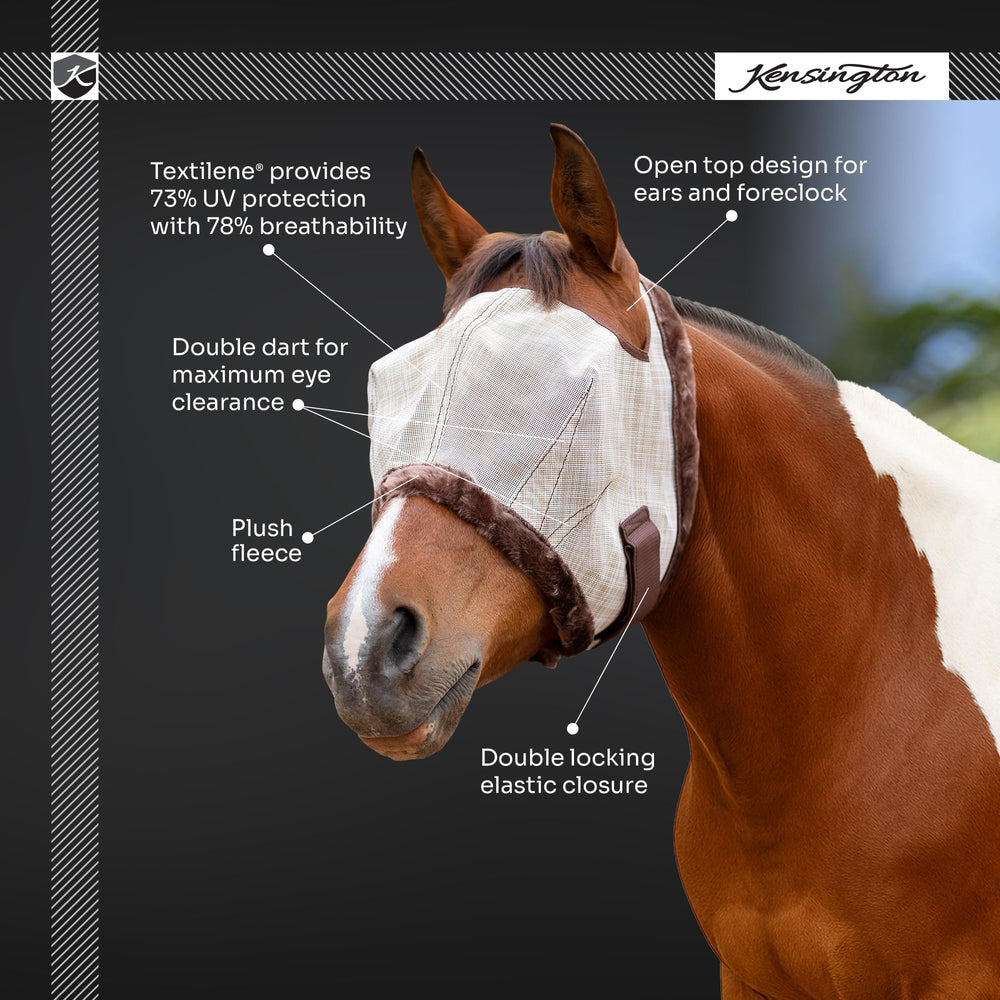 Blue Ice Kensington Fly Mask illustrating 73% UV protection in bright sun.