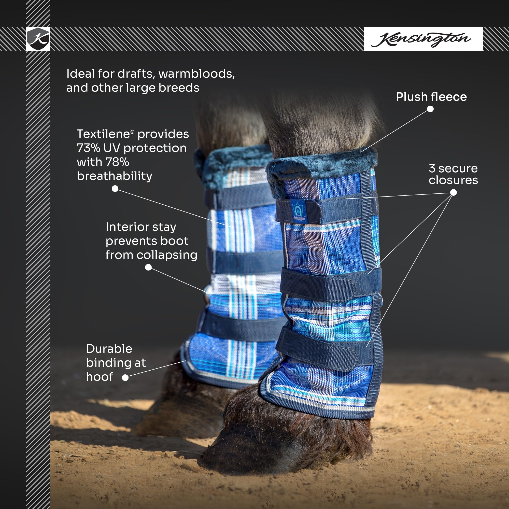 Kensington Protective Fly Boots fleece trim for comfortable wear.